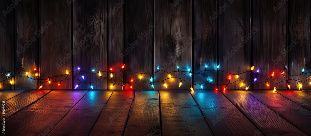 Poster a festive christmas light background with vibrant colors illuminating a dark wood backdrop leaving a