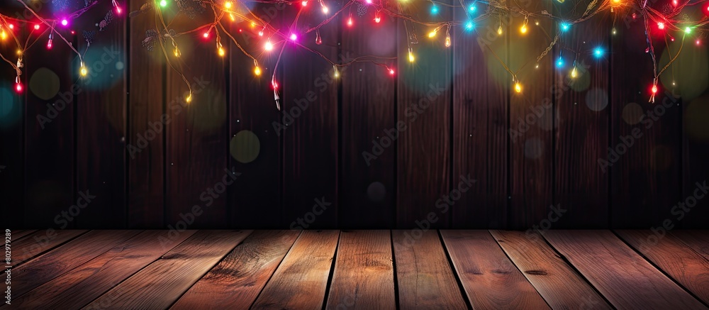 Poster a festive christmas light background with vibrant colors illuminating a dark wood backdrop leaving a