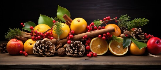 A festive display of fruits and cinnamon adorns the New Year s decor with a delightful arrangement Copy space image