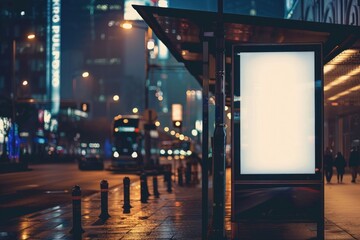 A sleek and modern commercial image showcasing a blank white vertical digital billboard poster on a city street bus stop sign at night