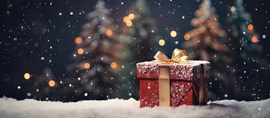 A Christmas themed gift box sits on a vintage wooden background positioned near a beautifully adorned Christmas tree The scene is enhanced with imitation snow Copy space image - Powered by Adobe