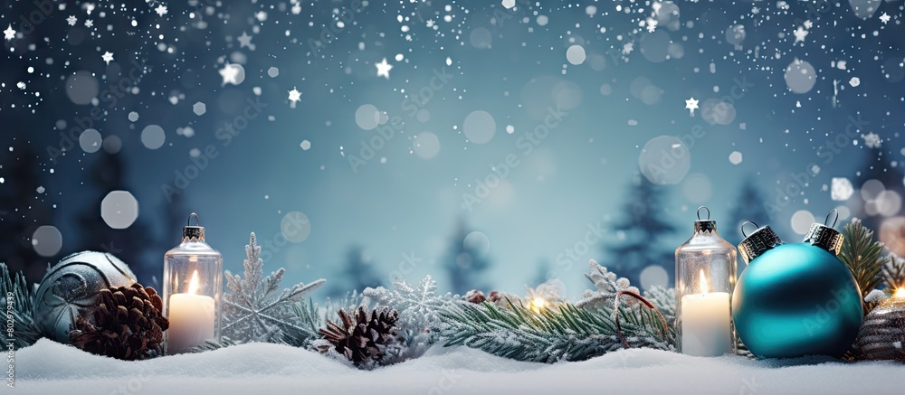 Poster a festive arrangement of vibrant ornaments stars candles and fir tree branches spread across a snowy