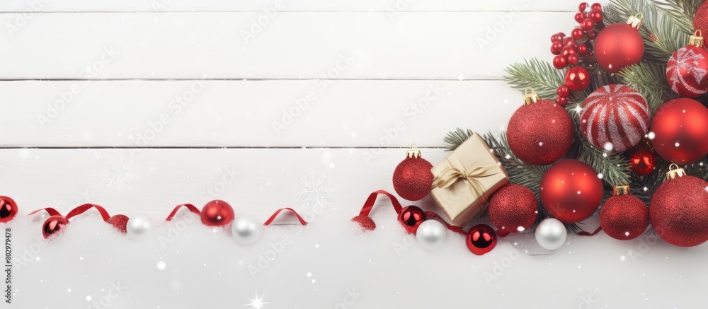 Poster a festive christmas border with red decorations and presents placed on a copy space image of a white