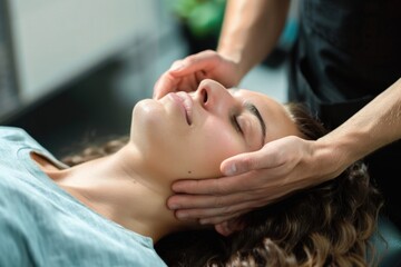 a physiotherapist or chiropractor conducting cranial sacral therapy on a woman patient. Highlight the therapeutic process, showcasing the activation of the trigeminal nerve