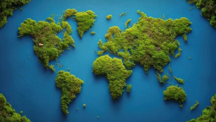 world map created from moss and greenery against blue background representing water.