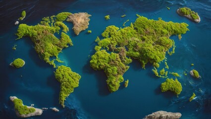 world map created from moss and greenery against blue background representing water.