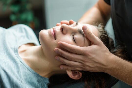 a physiotherapist or chiropractor conducting cranial sacral therapy on a woman patient. Highlight the therapeutic process, showcasing the activation of the trigeminal nerve