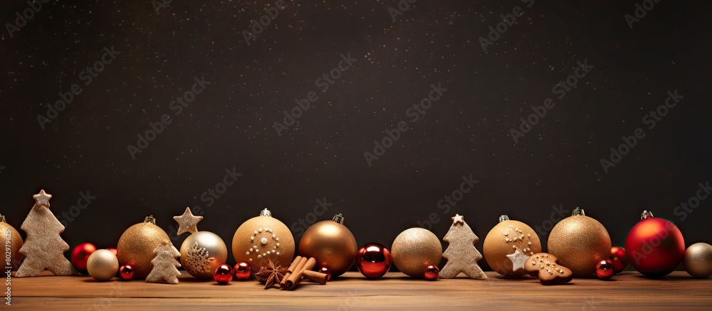 Poster a copy space image featuring gingerbread cookies adorned with christmas tree balls against a brown b