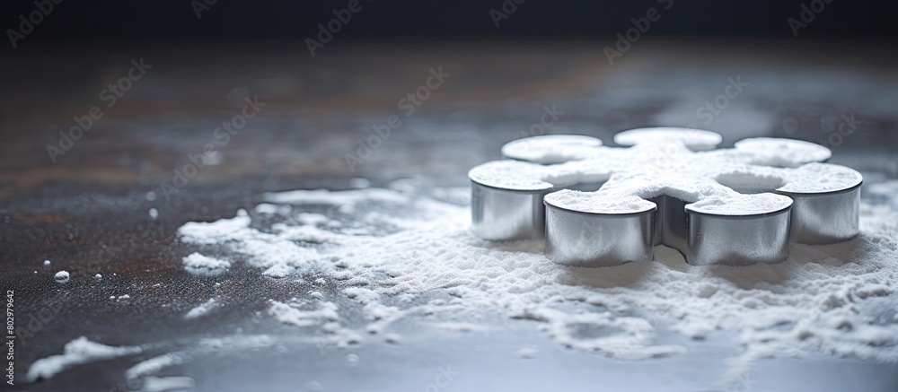 Poster a copy space image of a cookie cutter and a sprinkle of flour set on a sleek grey table