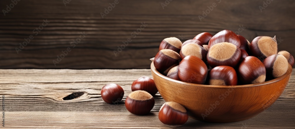 Poster a copy space image showcasing a bowl of fresh chestnuts placed on a rustic old wooden backdrop