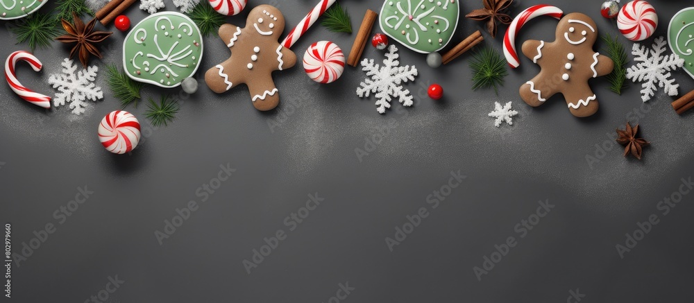 Poster a beautiful grey background with a hand painted christmas gingerbread in green and white decorated w
