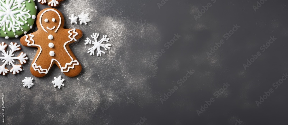 Poster a beautiful grey background with a hand painted christmas gingerbread in green and white decorated w