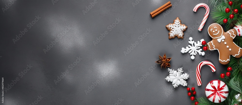 Poster a beautiful grey background with a hand painted christmas gingerbread in green and white decorated w