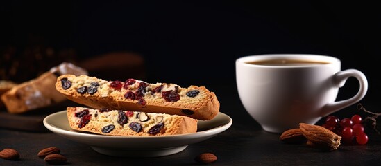 Obraz na płótnie Canvas A copy space image featuring Christmas homemade biscotti loaded with dry berries served alongside a steaming cup of coffee