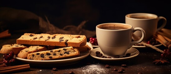 A copy space image featuring Christmas homemade biscotti loaded with dry berries served alongside a steaming cup of coffee