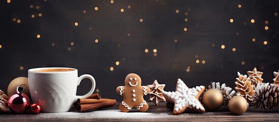 A festive cup of hot chocolate with marshmallows and gingerbread cookies on the table creating a Christmas or New Year s background Suitable for cocoa advertising or a Christmas still life copy space