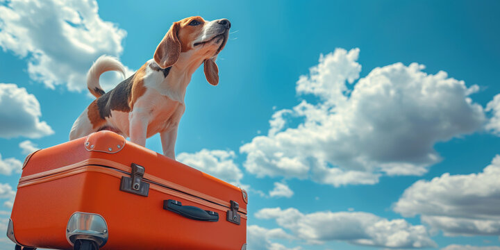 Adventurous beagle on an orange suitcase under a cloudy sky, dreaming of travel, pet ready for a journey.