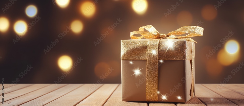 Poster a christmas gift box with christmas lights is presented in a close up view on a white wooden backgro