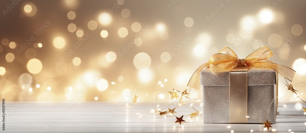 Poster a christmas gift box with christmas lights is presented in a close up view on a white wooden backgro