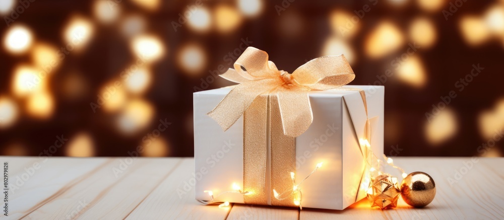Poster a christmas gift box with christmas lights is presented in a close up view on a white wooden backgro