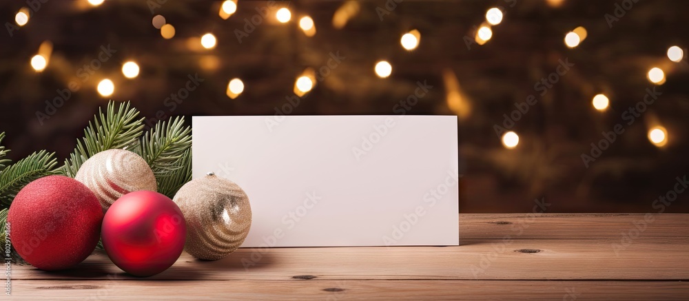 Poster a copy space image displaying a blank card along with a gift box and christmas decorations set again