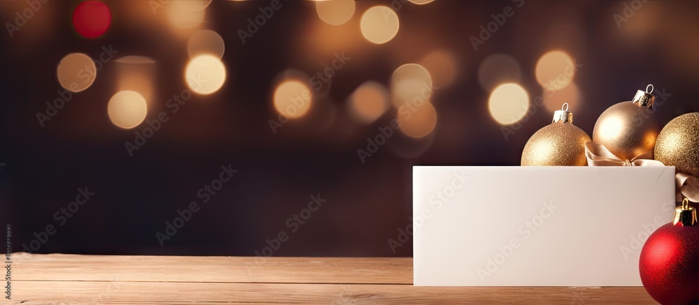 Poster A copy space image displaying a blank card along with a gift box and Christmas decorations set against a wooden background