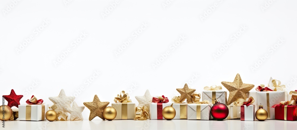 Poster a copy space image showing gift boxes and christmas toy objects arranged on a white background