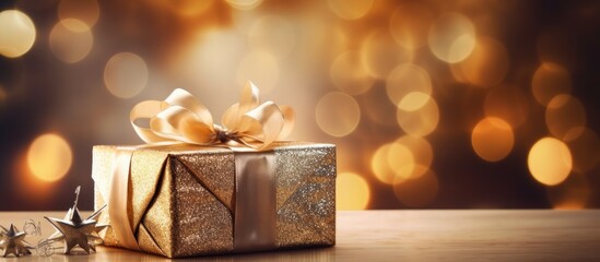 A festive Christmas gift box and decorations presented in a beautifully blurred image with copy space