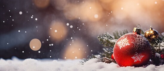 A festive Christmas decoration featuring ornaments snow and a tree beautifully captured in a copy space image