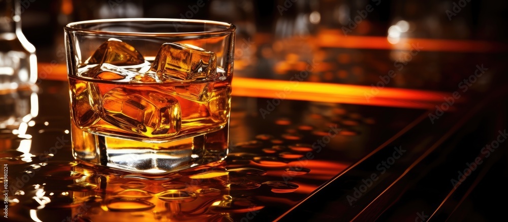 Poster A close up image of a bar with a detailed view of an alcohol bottle and filler providing ample copy space