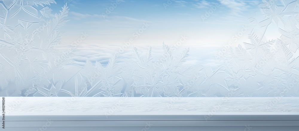 Fototapete A desk adorned with a decorative frost pattern creating a wintry scene against a snowy backdrop Ideal for copy space images