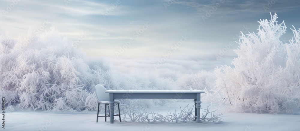 Aufkleber A desk adorned with a decorative frost pattern creating a wintry scene against a snowy backdrop Ideal for copy space images