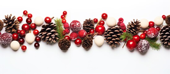 A Christmas banner featuring cones and red berries laid out on a white background ready for print postcard and design with copy space image