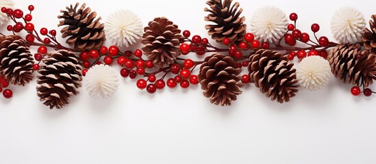 A Christmas banner featuring cones and red berries laid out on a white background ready for print postcard and design with copy space image