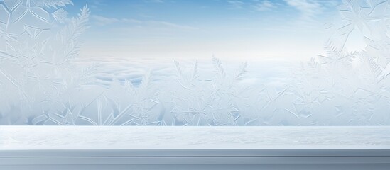 A desk adorned with a decorative frost pattern creating a wintry scene against a snowy backdrop Ideal for copy space images