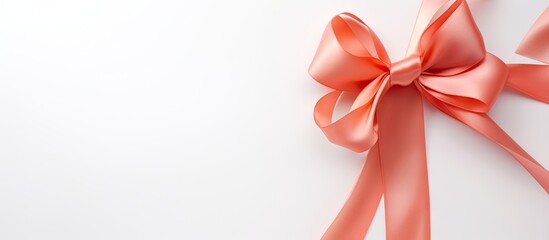 A festive concept is conveyed through an elegant shiny coral silk ribbon featured in a flat lay arrangement against a white background providing ample copy space for an image