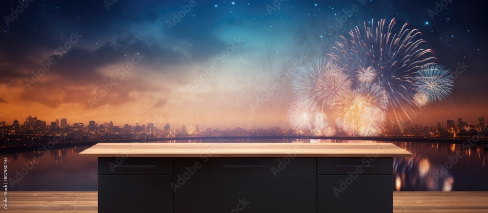 Poster a desk made of wood is available for your decoration needs accompanied by a blurred lamp and firewor