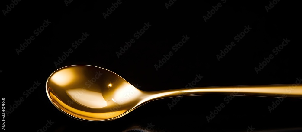 Poster a close up copy space image of a golden spoon with a shiny ball christmas toy isolated on a black ba