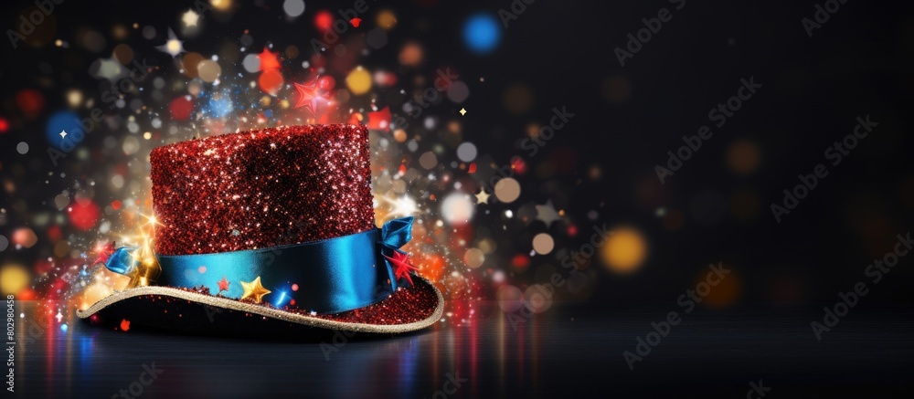 Poster a festive christmas background featuring a colorful hat against a black backdrop providing ample cop