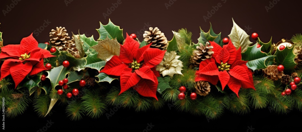 Poster a festive christmas composition featuring a green background adorned with a beautiful frame made of 