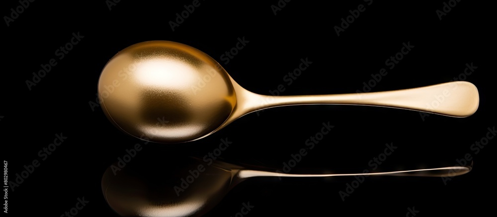 Poster a close up copy space image of a golden spoon with a shiny ball christmas toy isolated on a black ba