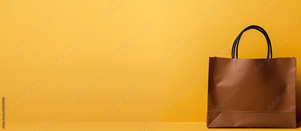 Aufkleber A brown bag with an eco friendly design sits on a yellow background The bag is a luxury shopping bag with a handle loop There is empty space on the bag for text and a logo. with copy space image
