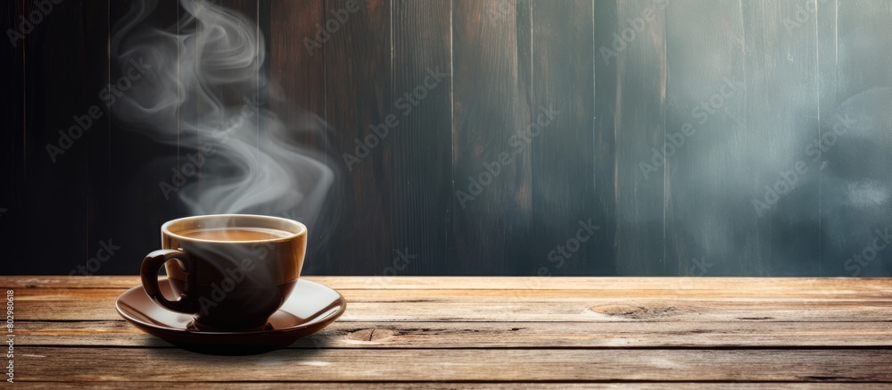 Poster a copy space image featuring a steaming cup of coffee resting on a rustic wooden table