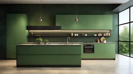  Modern kitchen and dining room on empty green wall background- 3D rendering 