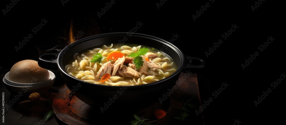 Poster a copy space image featuring chicken noodle soup on a textured black backdrop