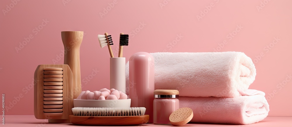Poster a collection of bath accessories set on a pink background providing ample copy space for text