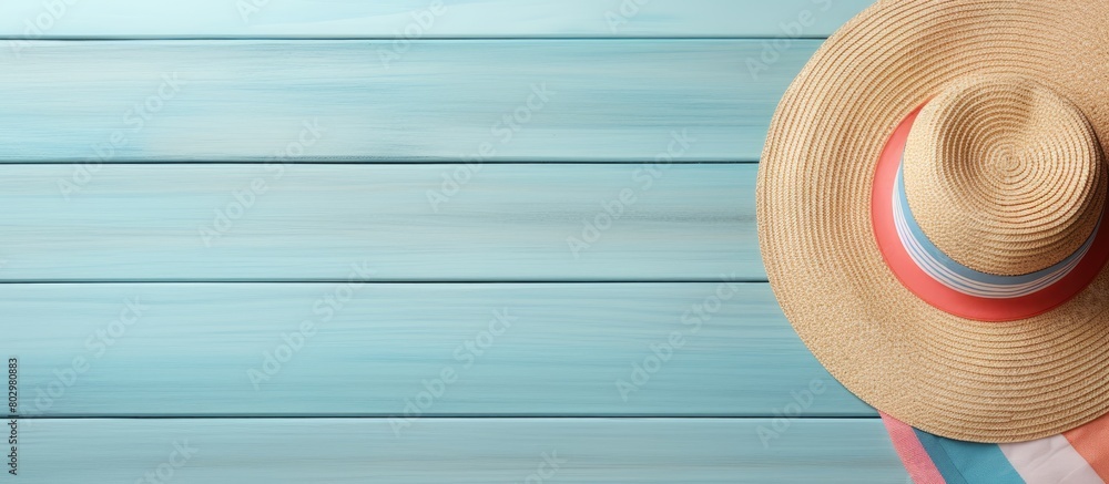 Aufkleber A colored table serves as a summer concept background featuring beach accessories such as a straw hat and seashell with copy space image