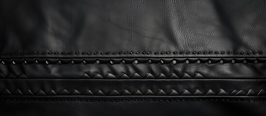 A copy space image of a leather texture background with seams features a black jacket adorned with rivets