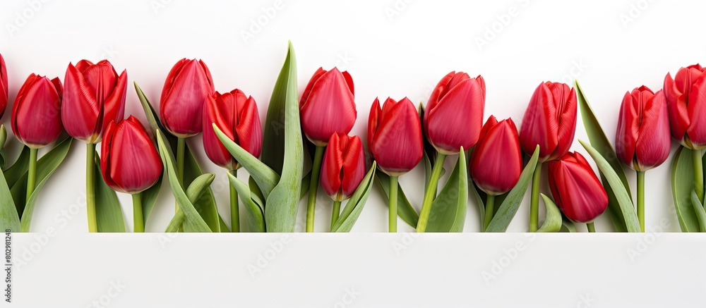 Poster A close up image of a bunch of red tulips isolated on a white background creating a spring flowers banner The photo concept features the beauty of the tulips with copy space available