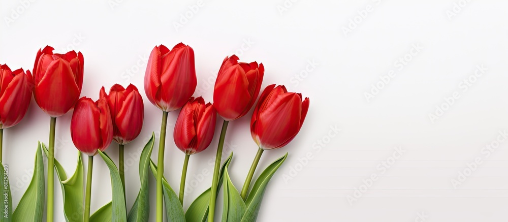 Poster A close up image of a bunch of red tulips isolated on a white background creating a spring flowers banner The photo concept features the beauty of the tulips with copy space available